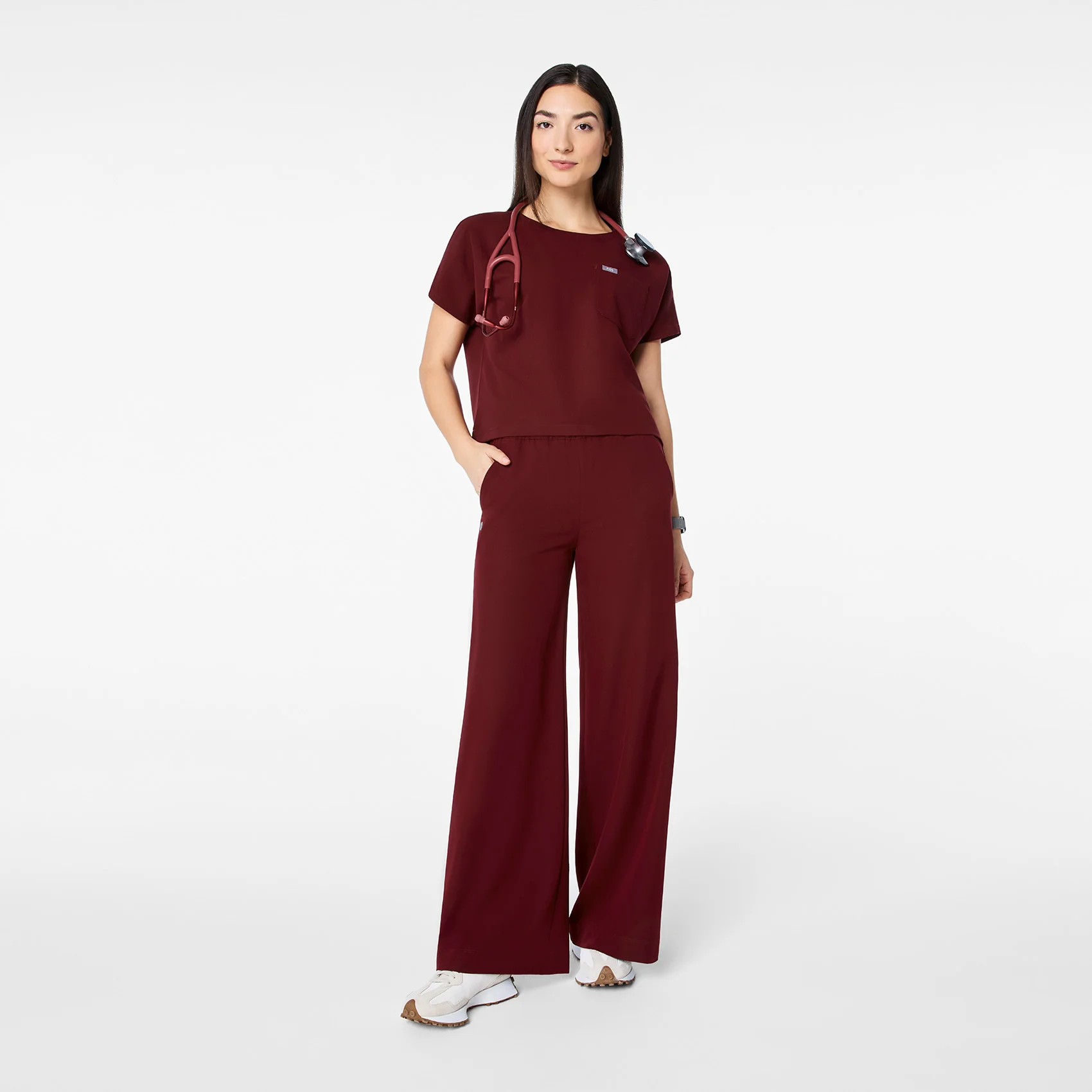 women's Burgundy Arua Cropped Crewneck - One-Pocket Scrub Top - Image 2
