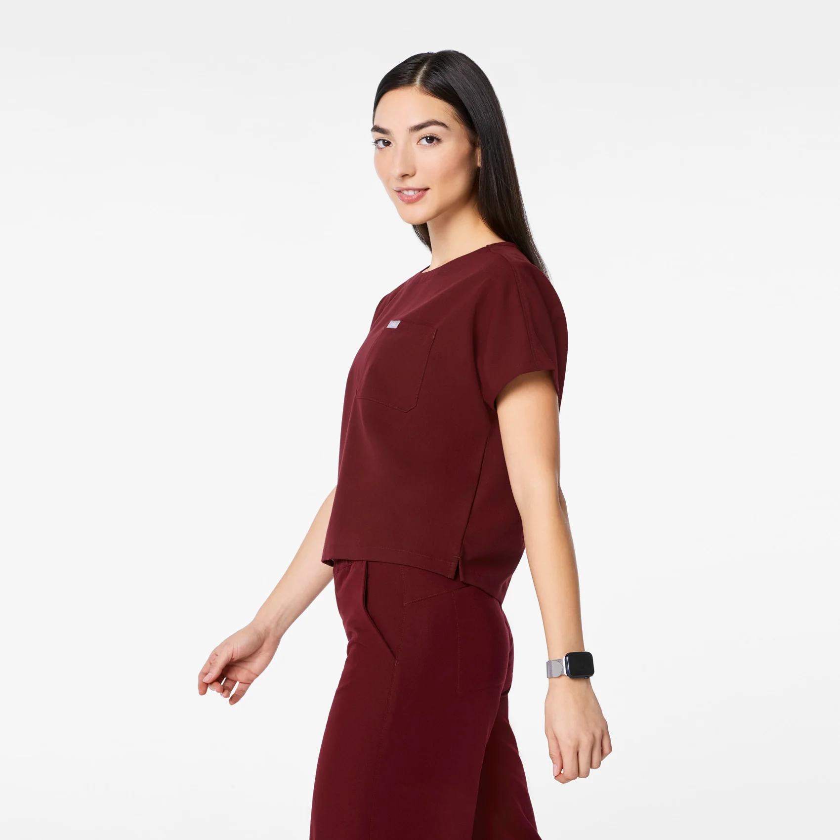 women's Burgundy Arua Cropped Crewneck - One-Pocket Scrub Top - Image 3