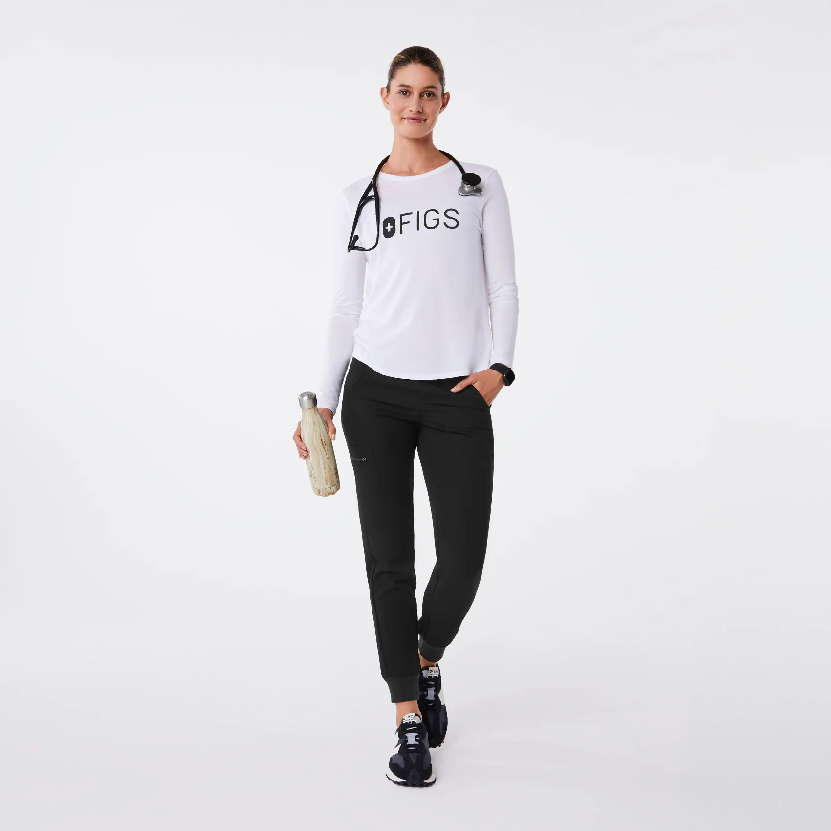 women's Bright White FIGS Logo Supersoft - Longsleeve Underscrub - Image 3