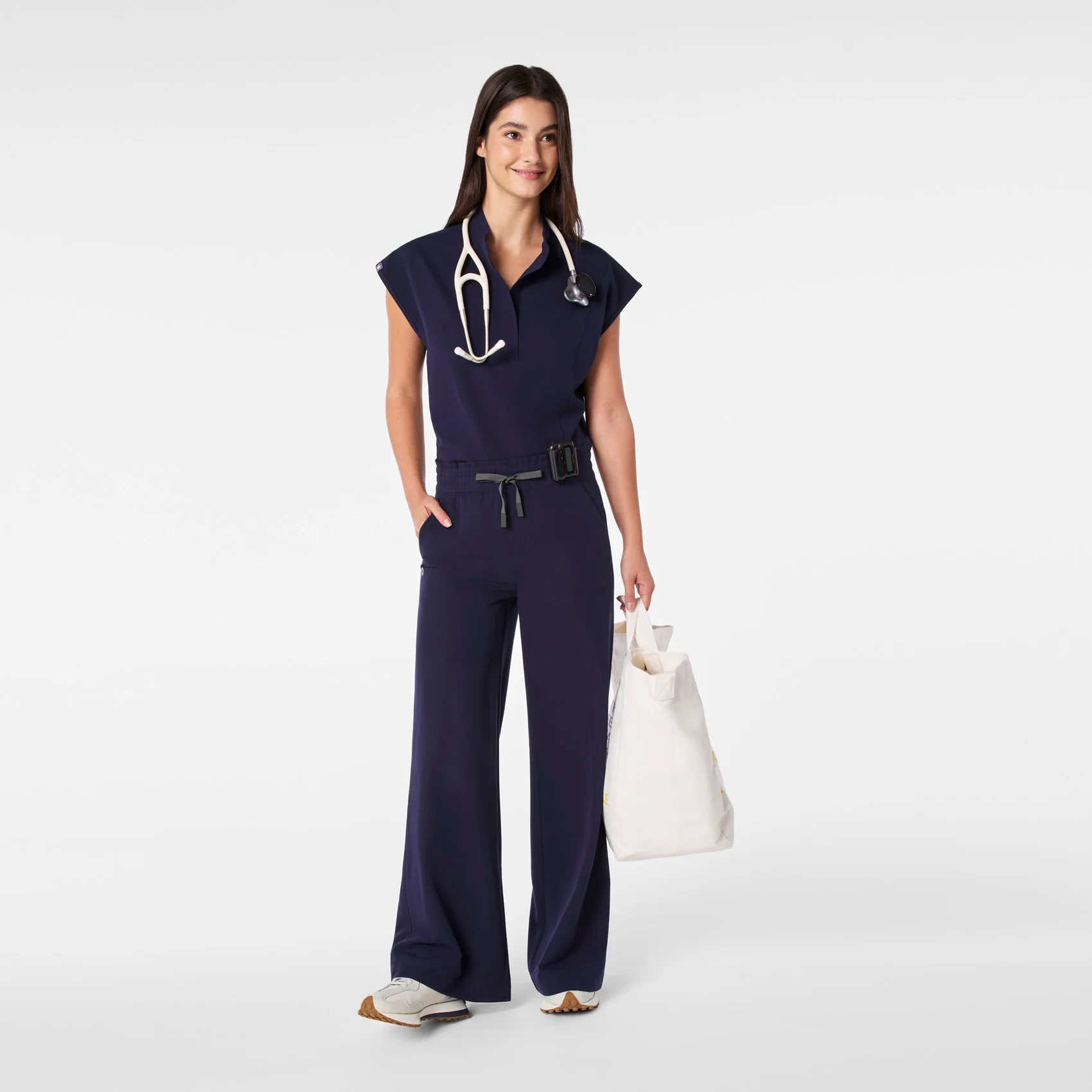 women's Navy High Waisted Allison Ultra Wide Leg - Tall Scrub Pant - Image 2