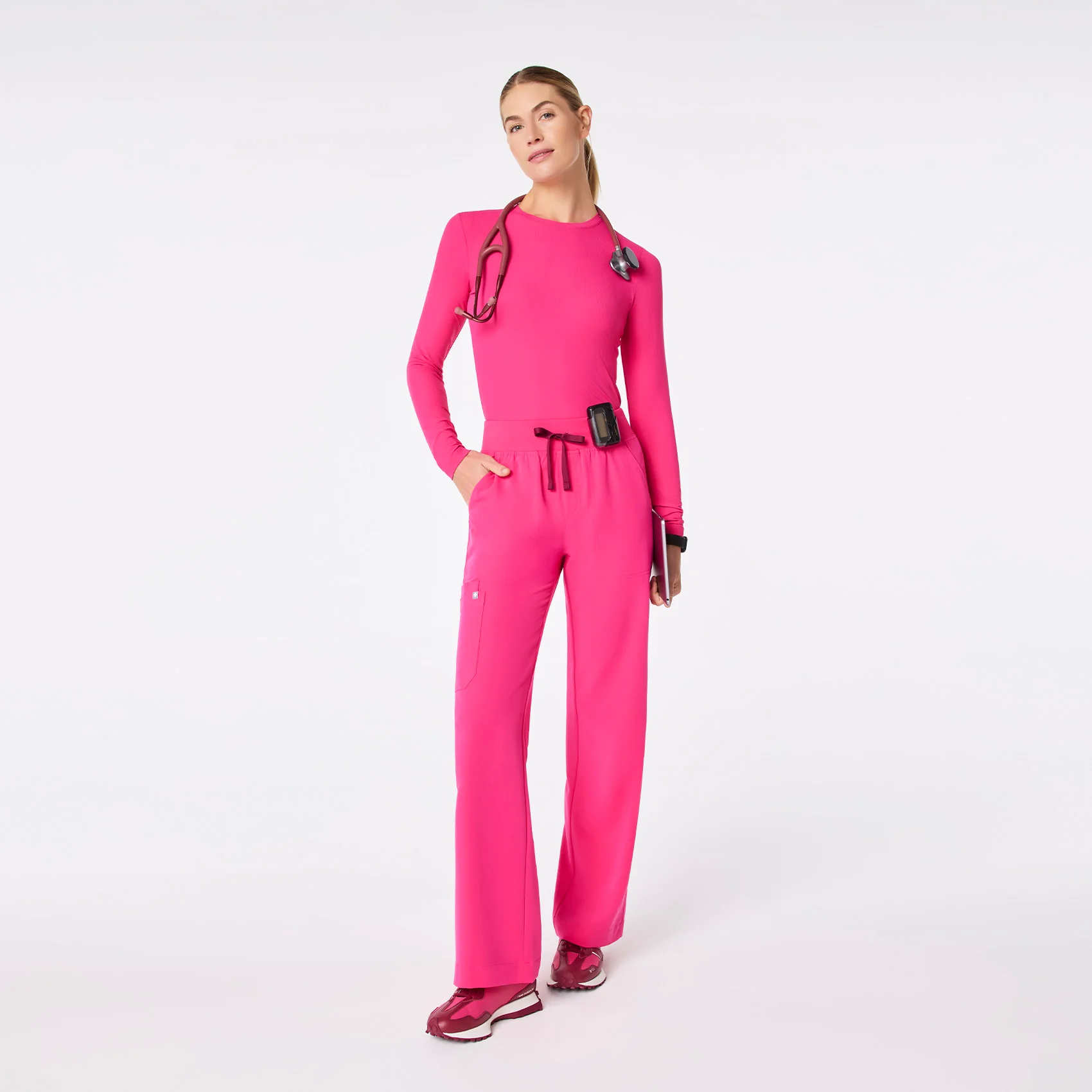 women's Shocking Pink Ribbed - Longsleeve Underscrub - Image 3