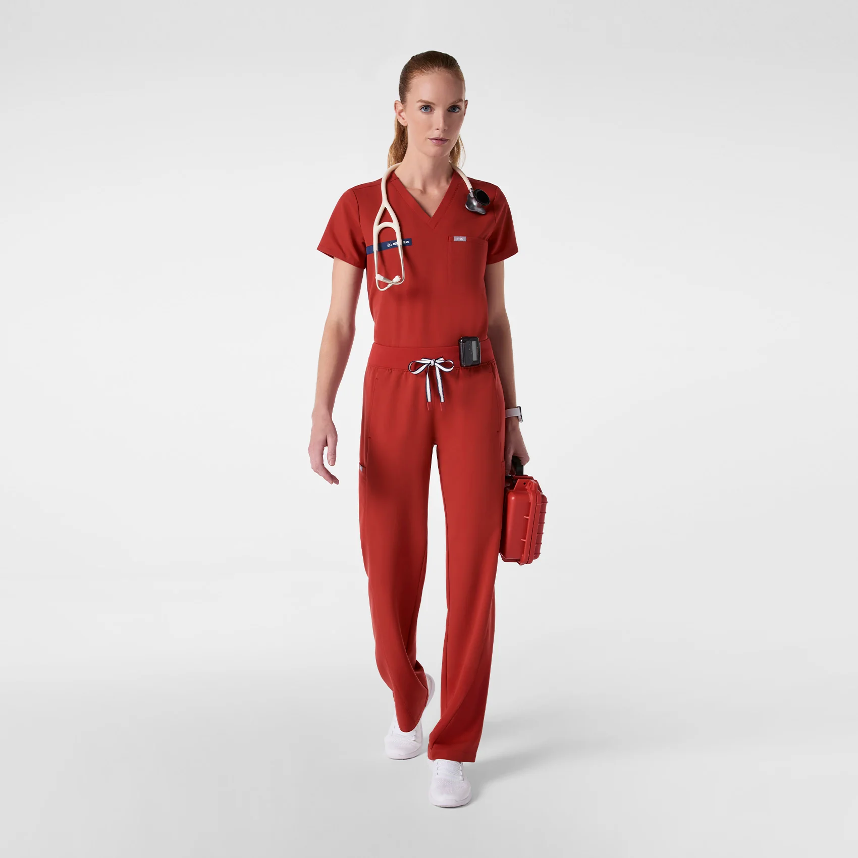 women's Team USA Red FIGS x Team USA High Waisted Wide Leg - Petite Scrub Pant - Image 2