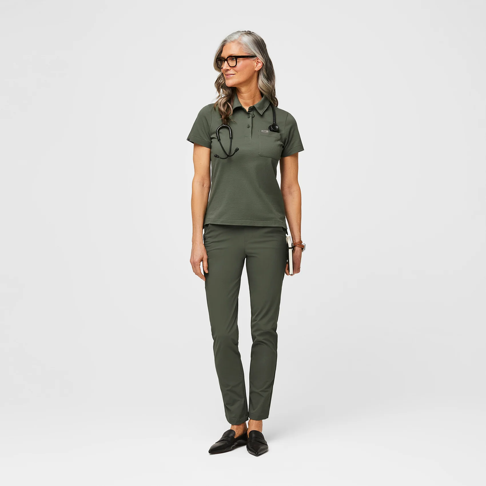women's Washed Olive FIGSPRO™ Pique - Shortsleeve Scrubpolo™ - Image 2