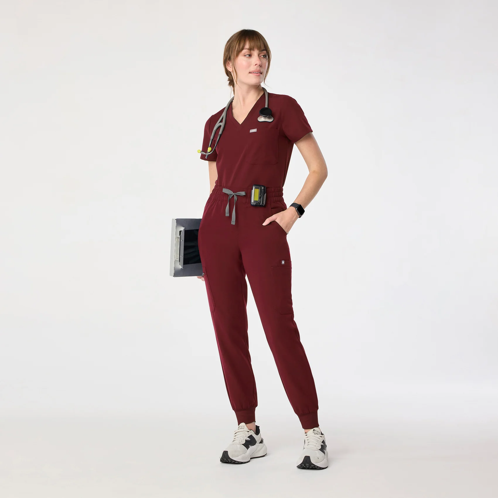 women's Burgundy High Waisted Uman Relaxed - Petite Jogger Scrub Pant - Image 2